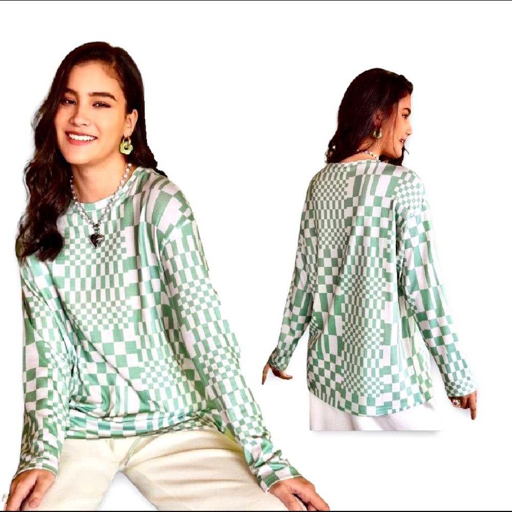New Green White Super Soft Drop Shoulder Long Sleeve Checkered Plaid Print Tee - Picture 5 of 13